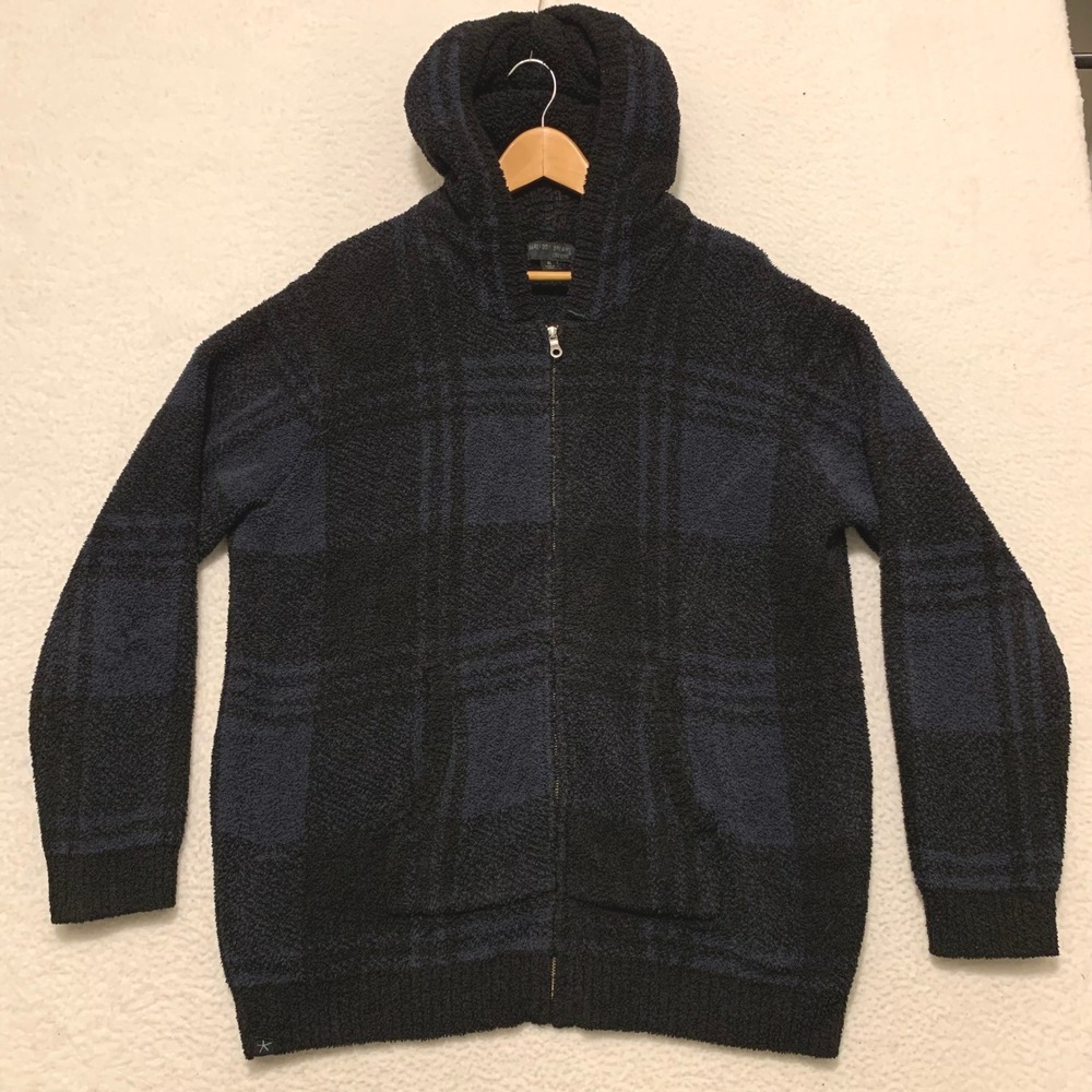 Barefoot Dreams CozyChic Plaid Full Zip Hoodie Mens XL Navy Black BDMCC1729